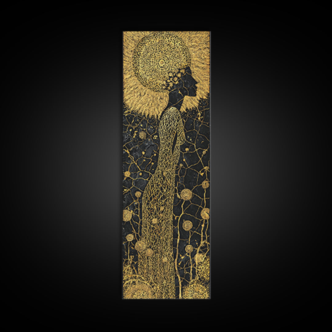Gold Black African Woman Canvas Print, Elegant Silhouette Floral Pattern, Black Goddess Art, Luxury Afrocentric Wall Decor