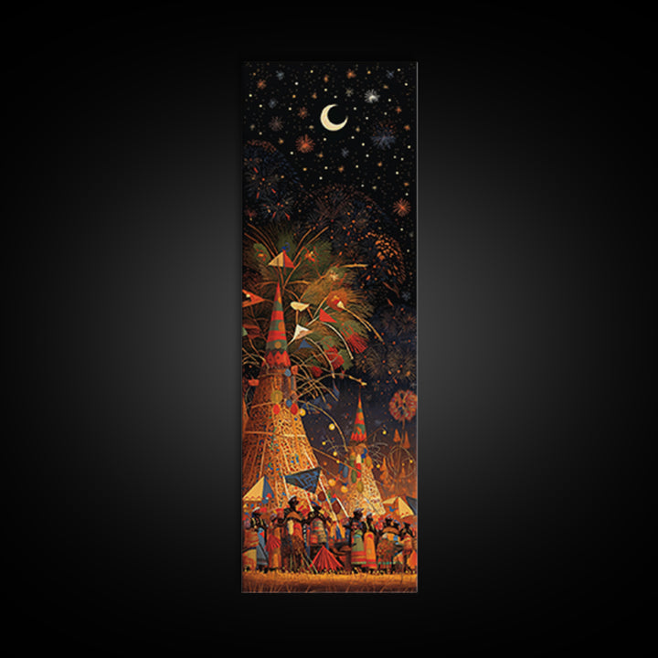 Starry African Village Night Wall Art, Crescent Moon Festival Scene, Afrocentric Decor, Mystical Cultural Canvas Print Gift