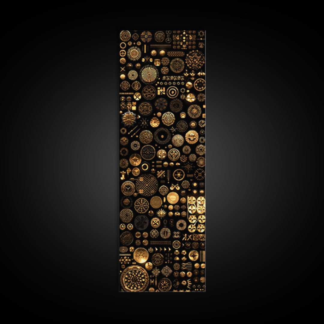 Gold African Symbol Collage On Black Wall Art, Geometric Tribal Decor, Afrocentric Patterns, Modern Canvas Print Unique Gift