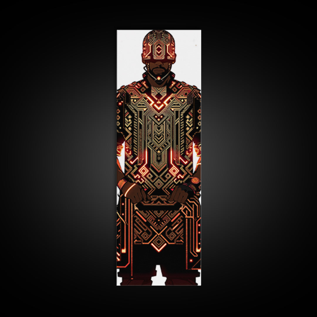Futuristic African Warrior In Glowing Armor Canvas Print, Afrofuturism Decor, Tribal Art, Black Man Portrait, Bold Wall Decor