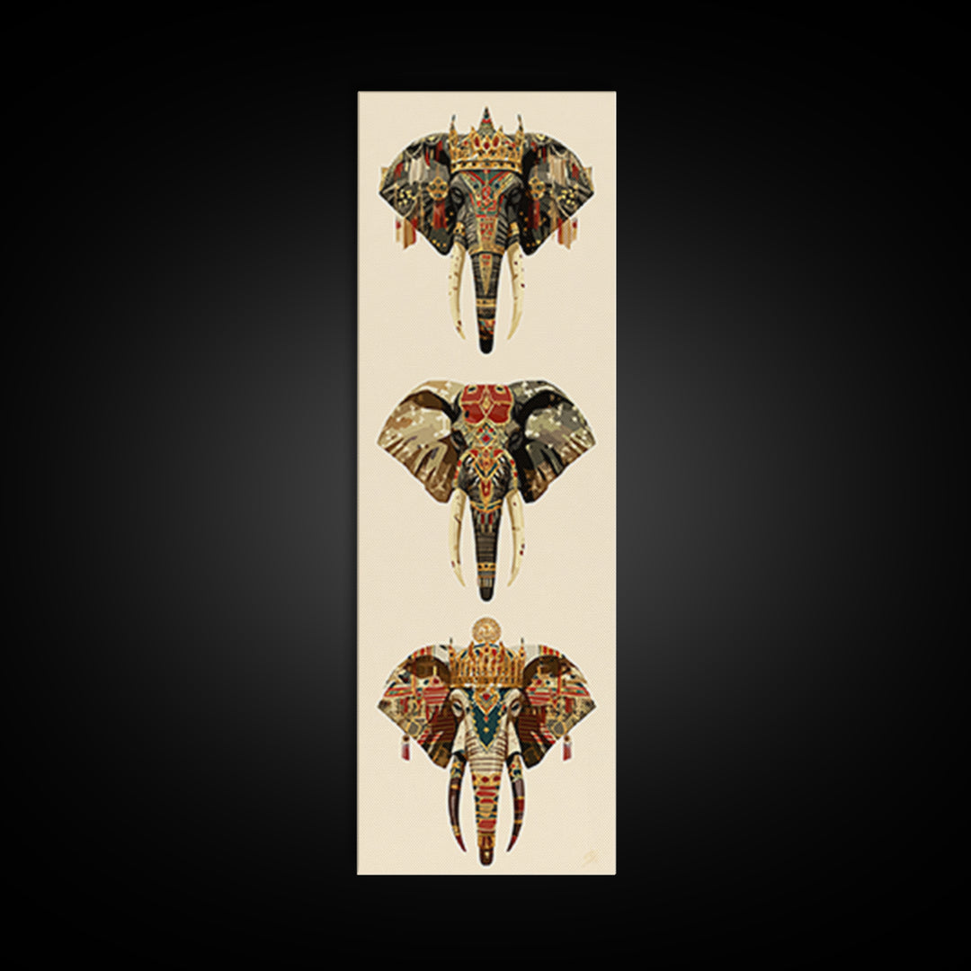 Jeweled African Elephant Trio Canvas Print, Regal Safari Wall Decor, Tribal Animal Art, Crowned Elephant, Boho Home Decor