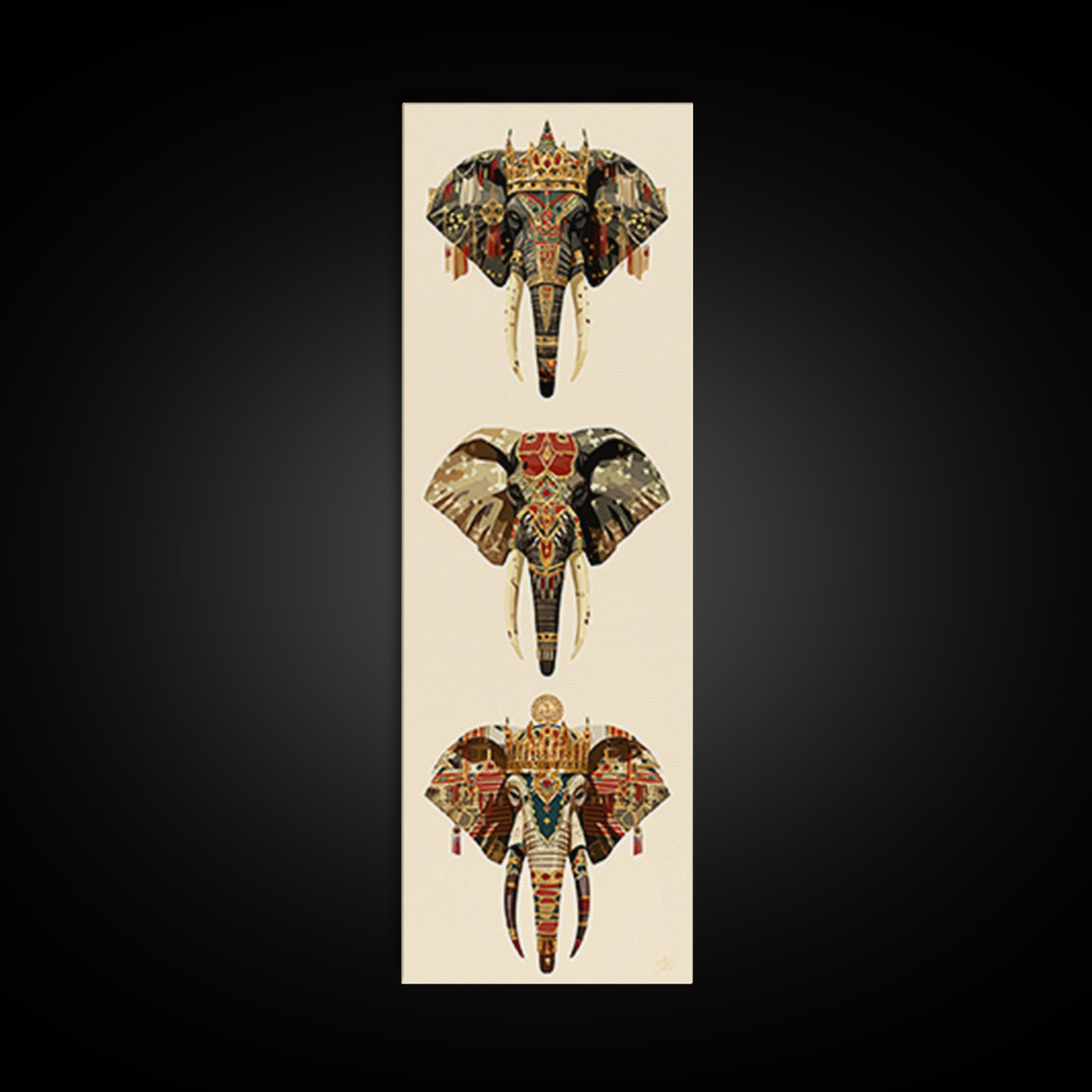 Jeweled African Elephant Trio Canvas Print, Regal Safari Wall Decor, Tribal Animal Art, Crowned Elephant, Boho Home Decor