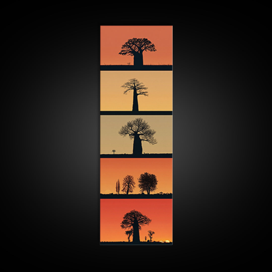 Minimal Baobab Horizon Panels, African Wall Art, Sunset Tree Silhouette, Modern Safari Decor, Vertical Framed Canvas Print