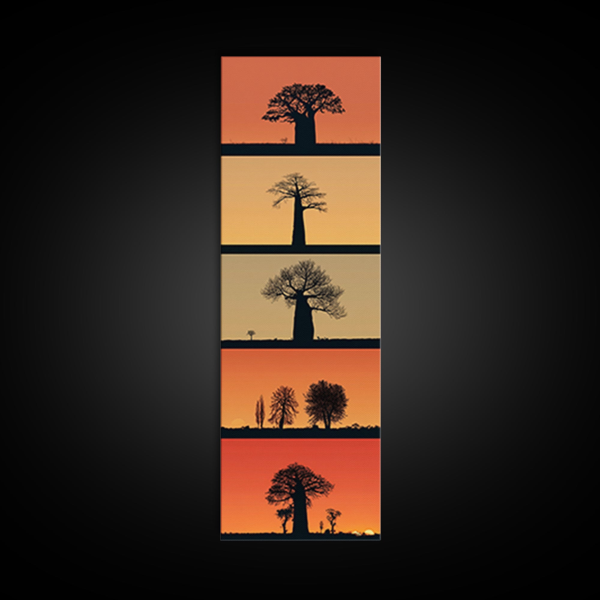 Minimal Baobab Horizon Panels, African Wall Art, Sunset Tree Silhouette, Modern Safari Decor, Vertical Framed Canvas Print