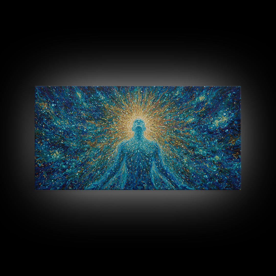 Glowing Spirit Figure In Cosmic Blue Framed Canvas Print, Spiritual Wall Art, Afrocentric Decor, Mystical Abstract Art, Meditation Decor