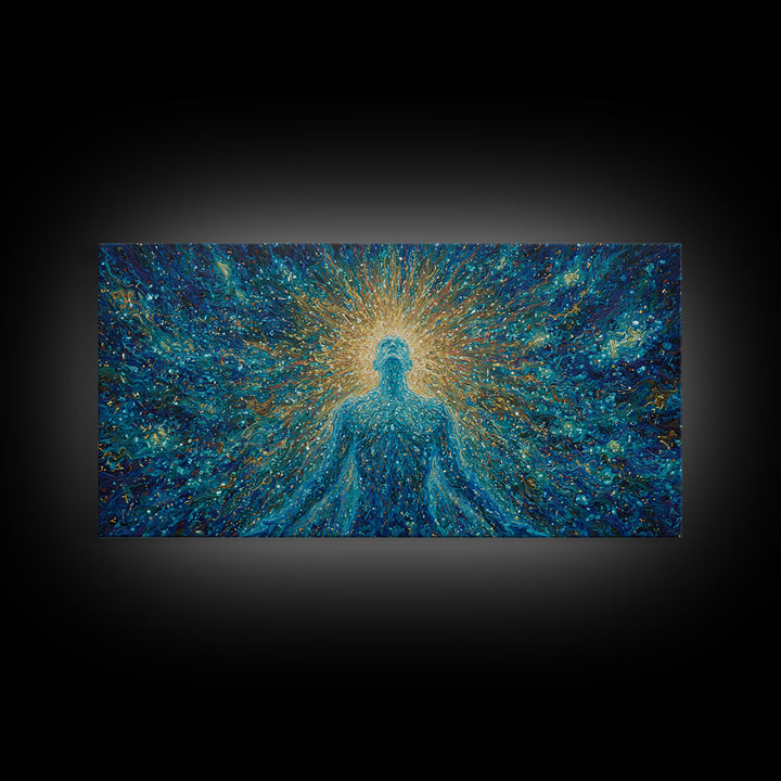 Glowing Spirit Figure In Cosmic Blue Framed Canvas Print, Spiritual Wall Art, Afrocentric Decor, Mystical Abstract Art, Meditation Decor