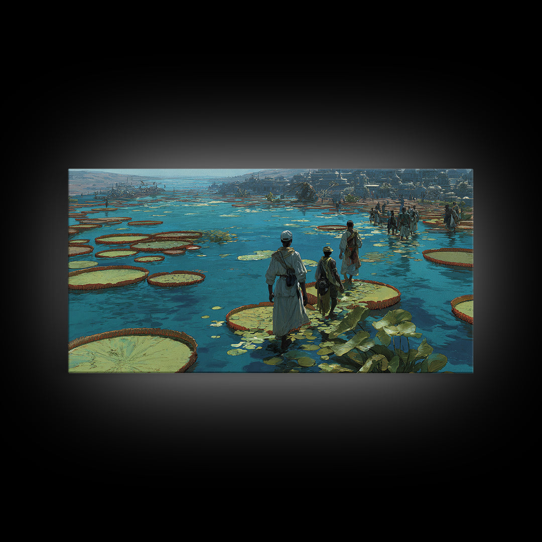 Figures Crossing Giant Lily Pads Canvas Print, African Landscape Wall Decor, Surreal Nature Scene Art, Blue Wetland Home Decor
