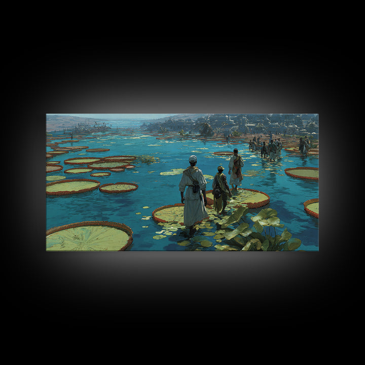 Figures Crossing Giant Lily Pads Canvas Print, African Landscape Wall Decor, Surreal Nature Scene Art, Blue Wetland Home Decor