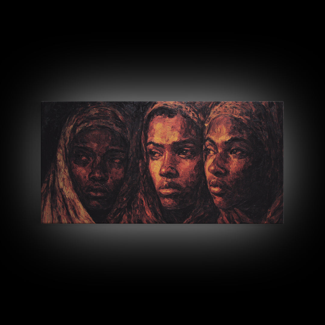 Three African Women Portrait Wall Art, Black Female Art, Afrocentric Decor, Burnt Orange Canvas, Elegant Cultural Home Decor Gift