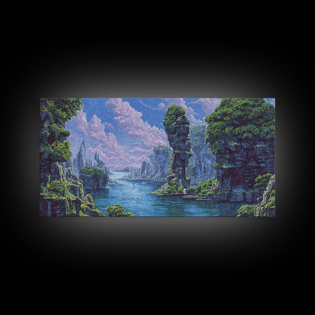 Serene Blue River Cliffs Framed Canvas Print, African Landscape, Nature Scene Art, Dreamy Wall Art For Elegant Home Decor