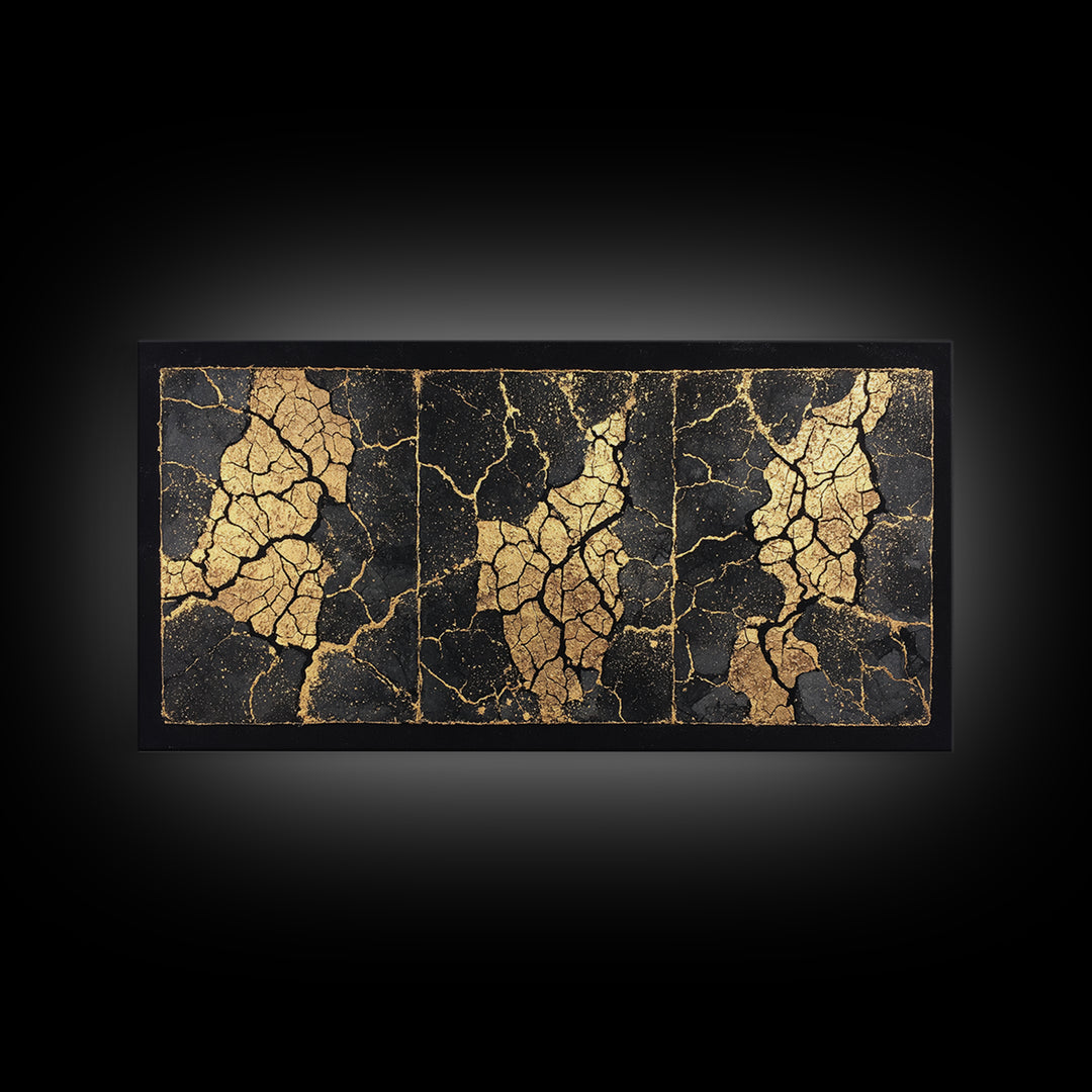 Black And Gold Cracked Triptych Abstract Wall Art, African Inspired Luxury Canvas Decor, Modern Textured Statement Print