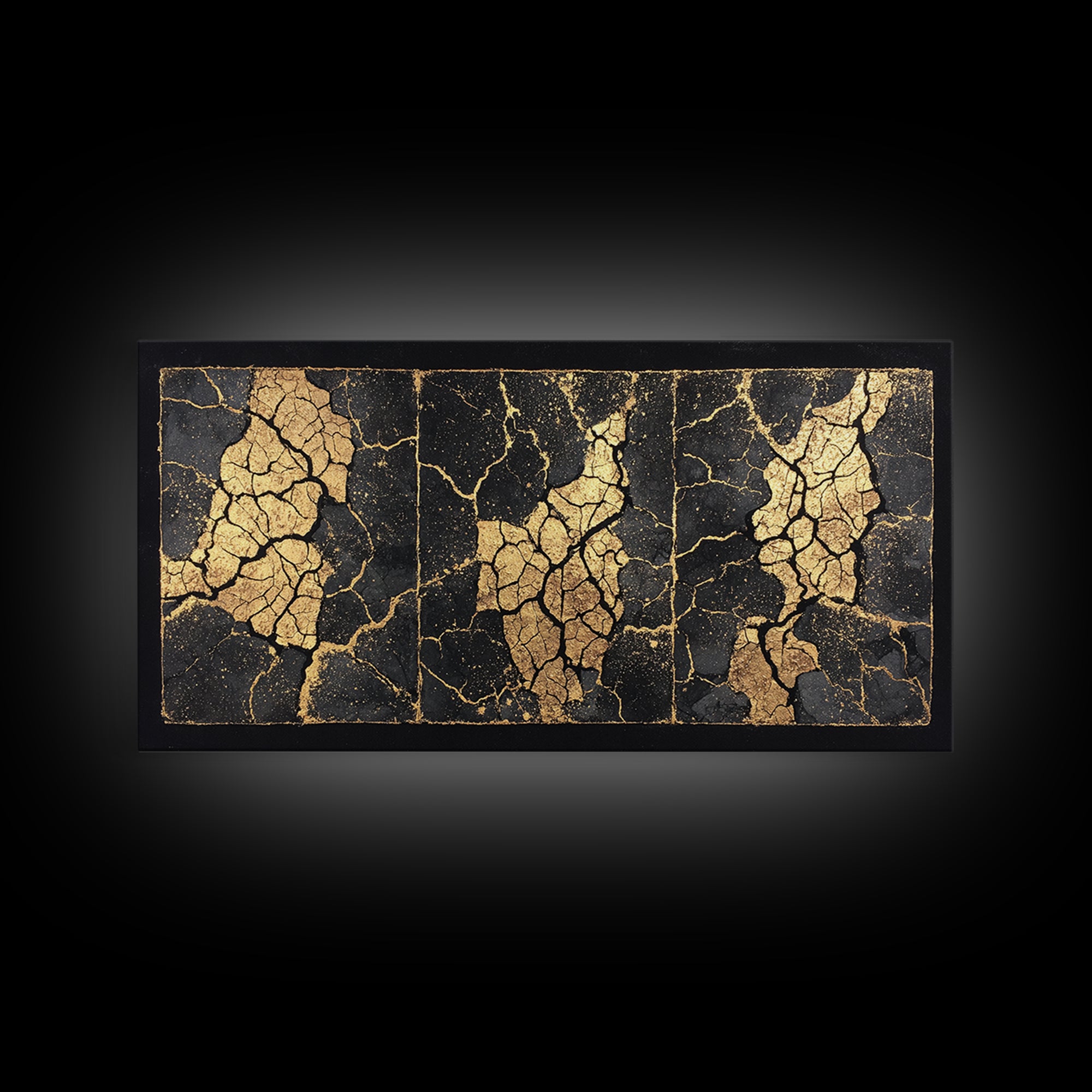 Black And Gold Cracked Triptych Abstract Wall Art, African Inspired Luxury Canvas Decor, Modern Textured Statement Print