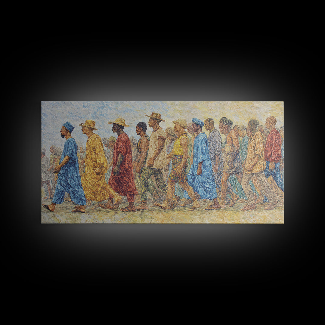 African Procession In Sunlit Robes Canvas Print, Cultural Wall Decor, Panoramic Black Art For Living Room And Office Gallery