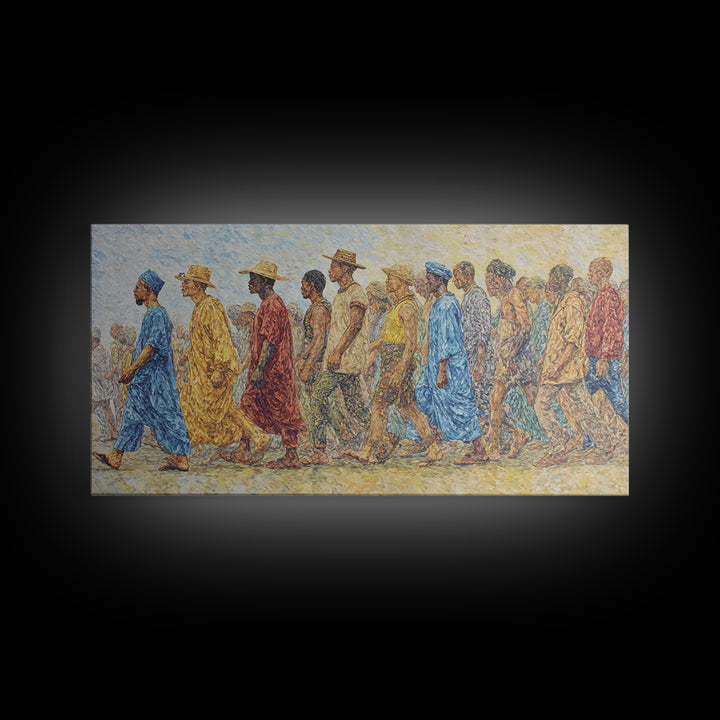 African Procession In Sunlit Robes Canvas Print, Cultural Wall Decor, Panoramic Black Art For Living Room And Office Gallery