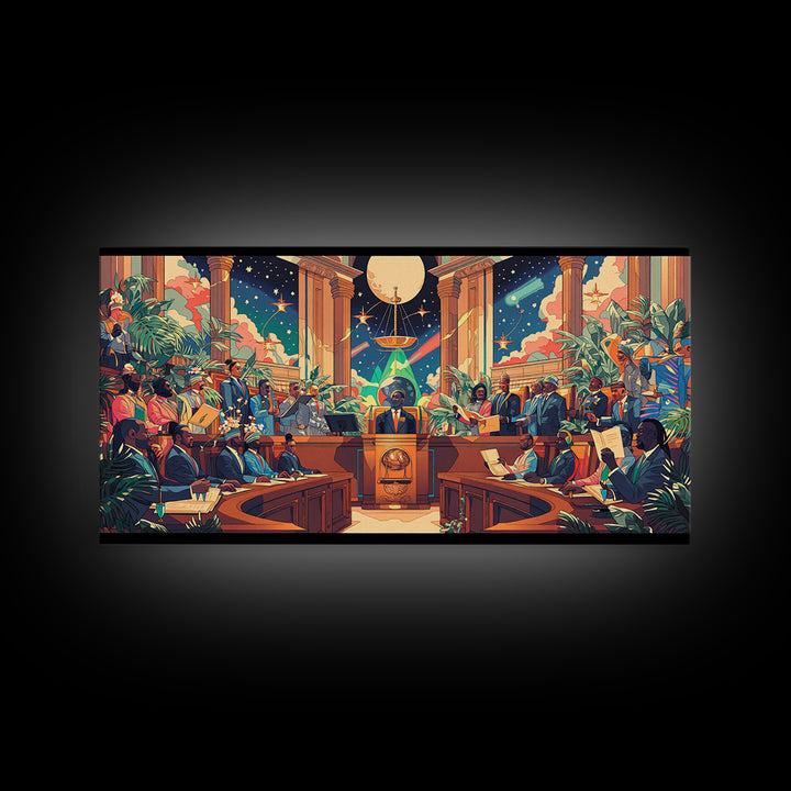 Afrofuturist Galactic Council Chamber Wall Art, African American Art Print, Colorful Sci Fi Courtroom Decor Poster Gift