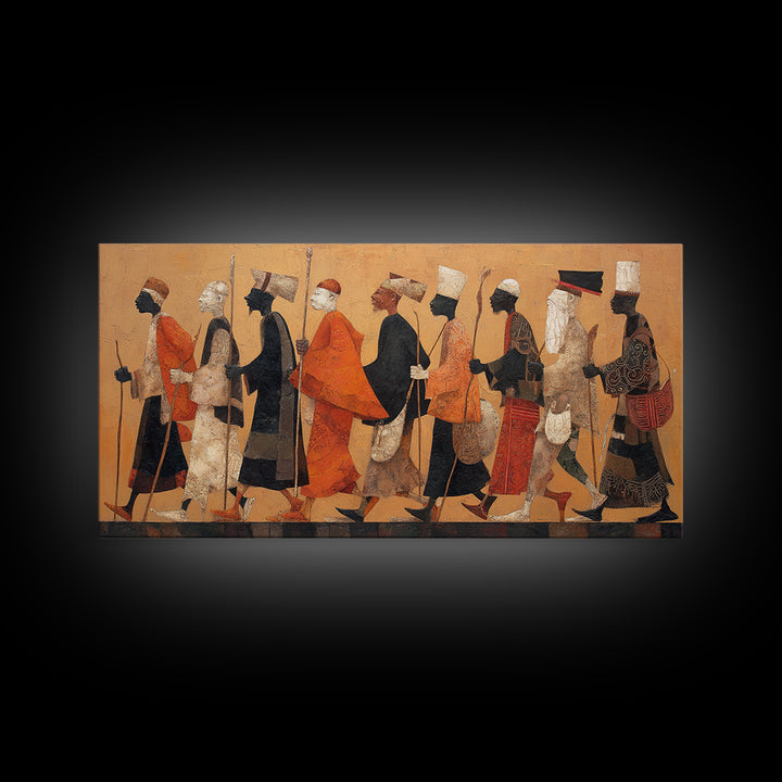 Traditional African Warriors Procession Wall Art, Tribal Culture Art Print, Earth Tone Safari Decor For Home Office Gallery