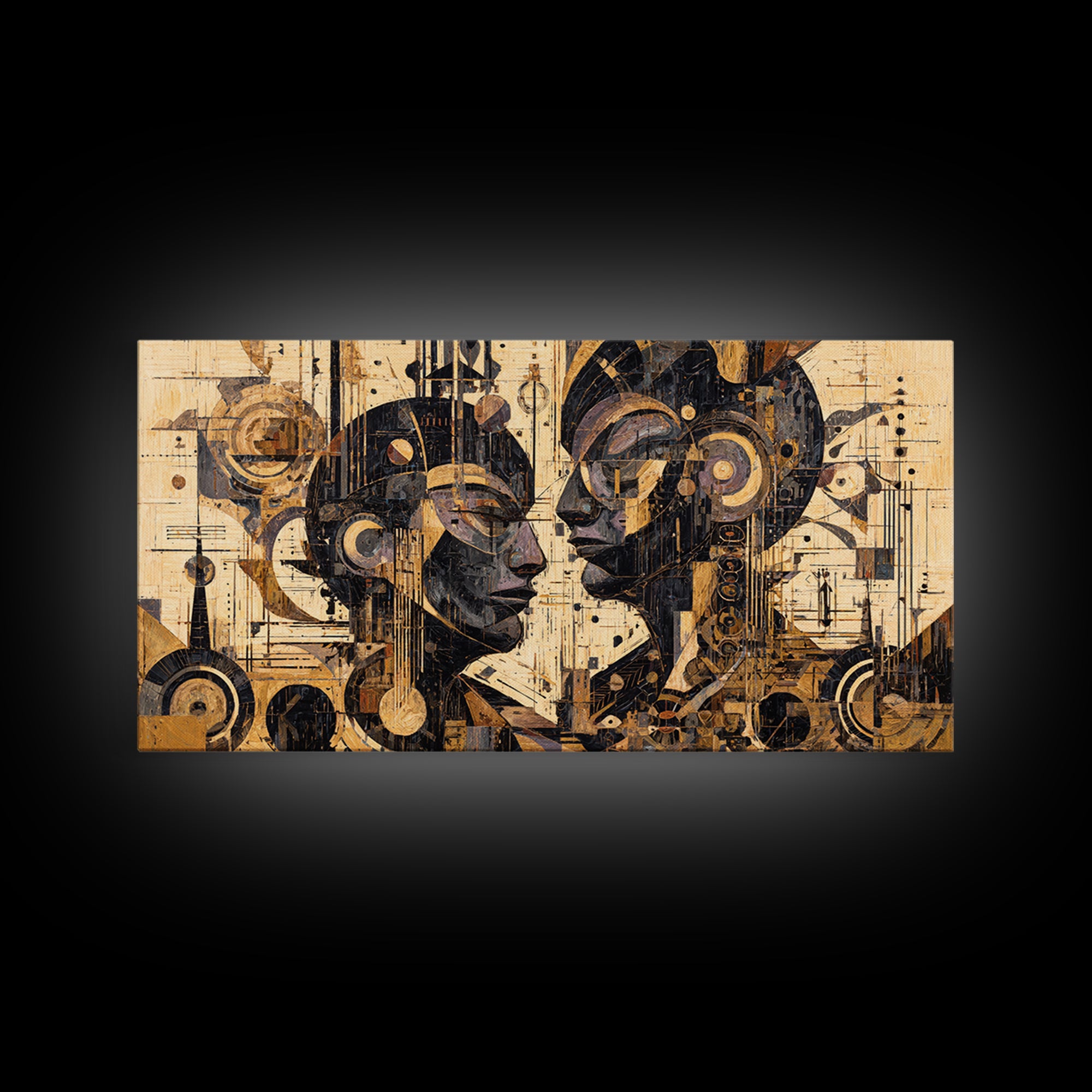 Geometric African Couple Profiles Framed Canvas Print, Abstract Afrocentric Wall Art, Gold Black Modern Cubism Decor Gift