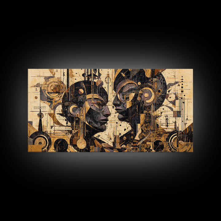 Geometric African Couple Profiles Framed Canvas Print, Abstract Afrocentric Wall Art, Gold Black Modern Cubism Decor Gift
