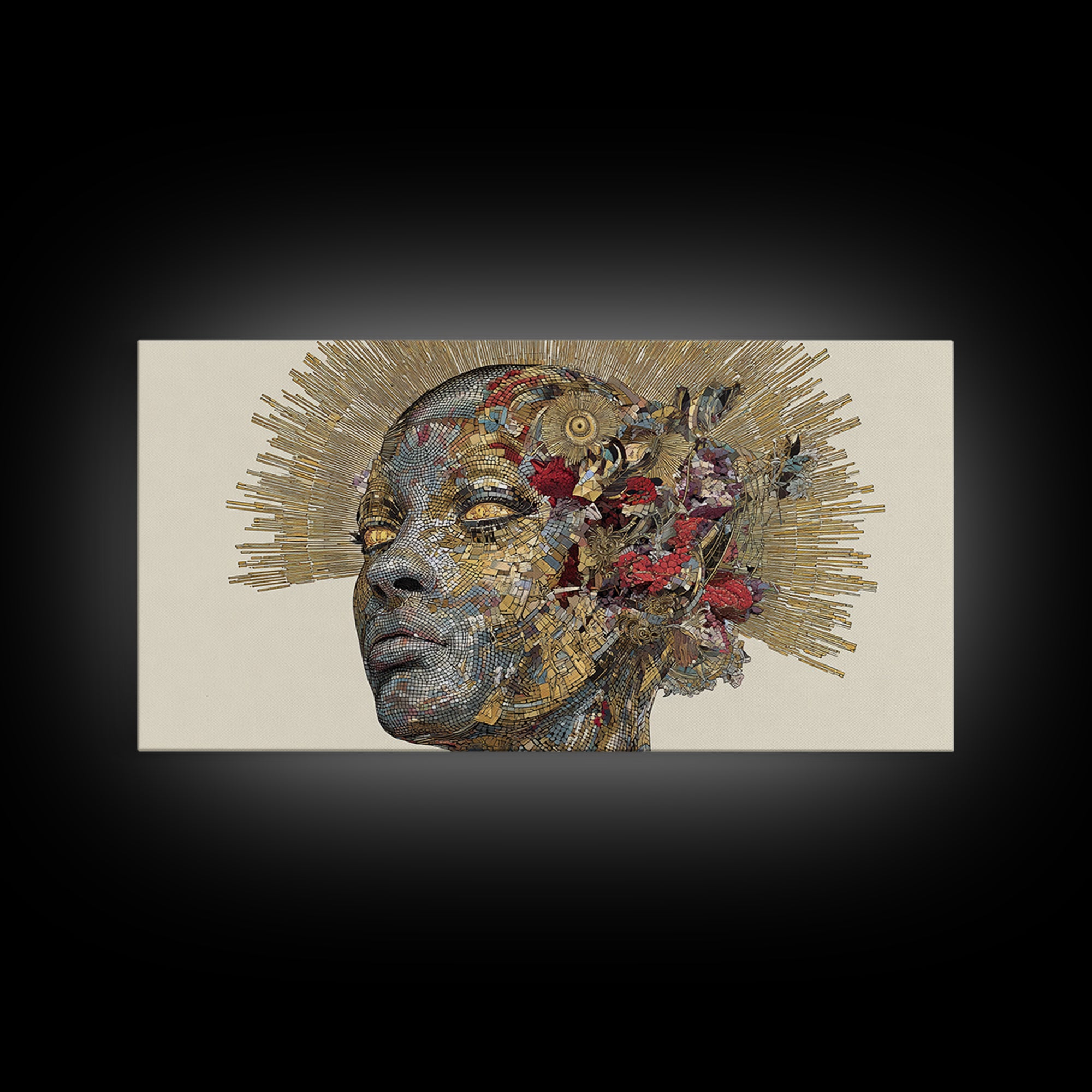 Black Woman Golden Halo Portrait Canvas Print, Mosaic Floral African Beauty Wall Art, Elegant Feminine Home Decor Gift Print