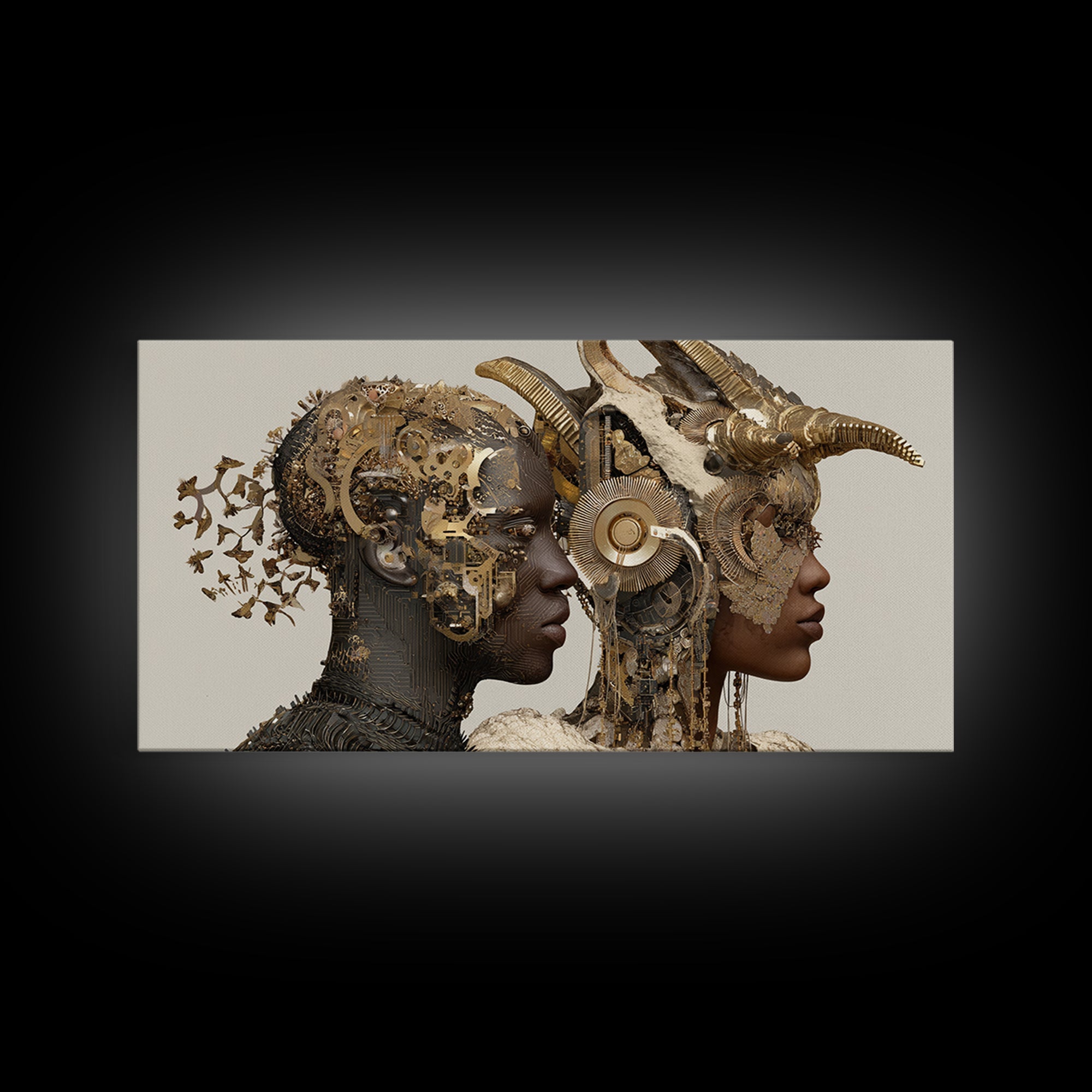 Afrofuturist Royal Couple With Horned Crowns Wall Art, African Goddess Portrait Canvas Print, Luxury Sci Fi Decor Gift Art