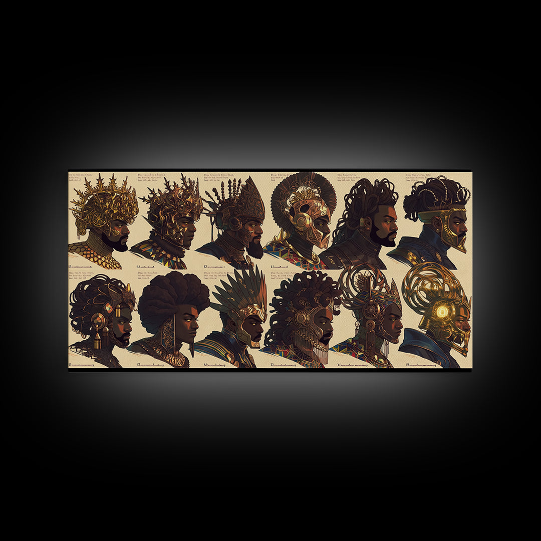 Ornate African Kings And Warriors Lineup Canvas Print, Royal Tribal Portrait Wall Art, Black Culture Decor Poster Gift Set