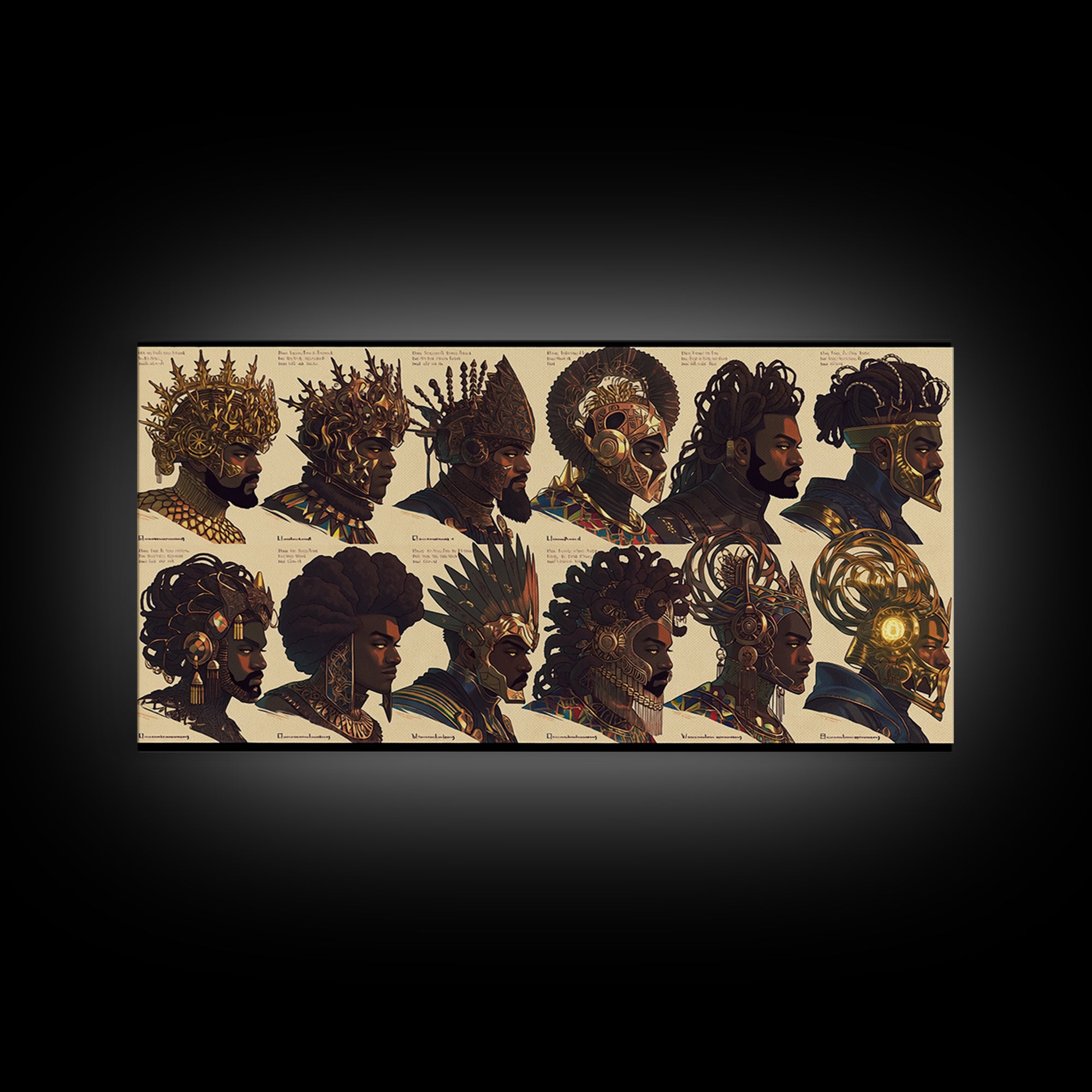 Ornate African Kings And Warriors Lineup Canvas Print, Royal Tribal Portrait Wall Art, Black Culture Decor Poster Gift Set