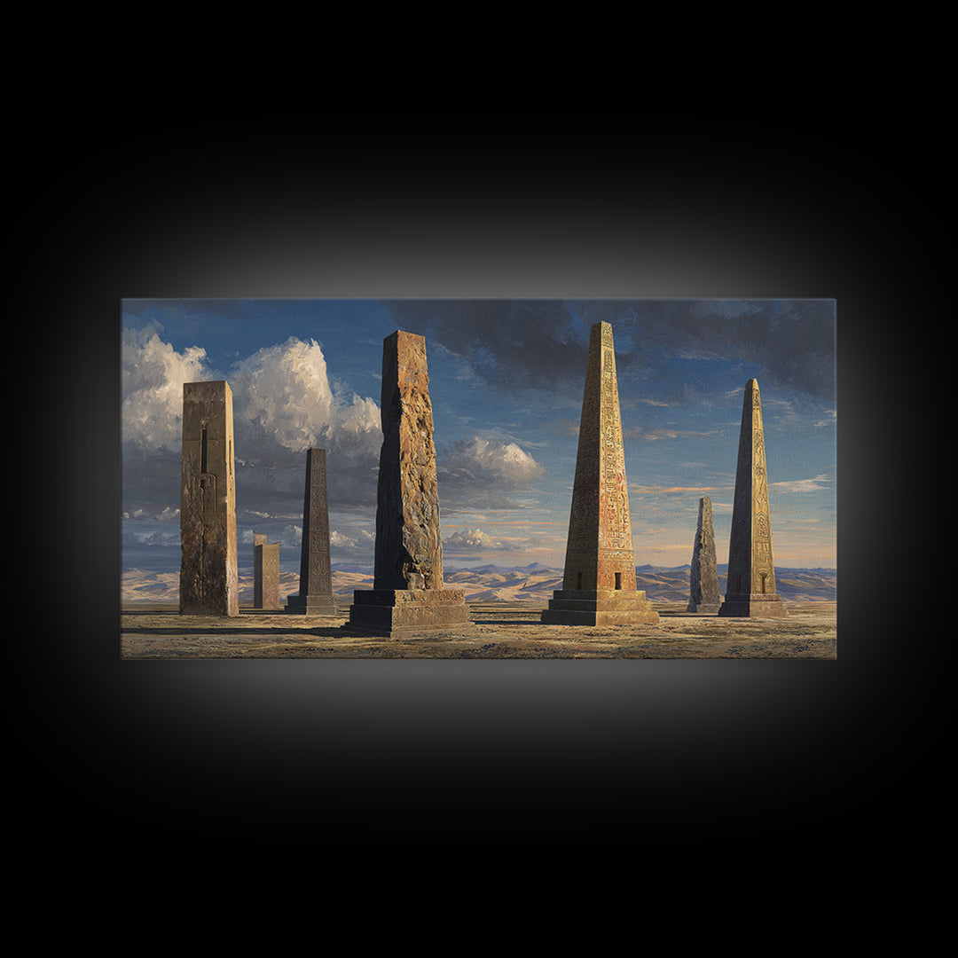 Ancient Carved Desert Obelisks Wall Art, African Egyptian Art Print, Monument Landscape, Earth Tone Home Decor Gift For Living Room