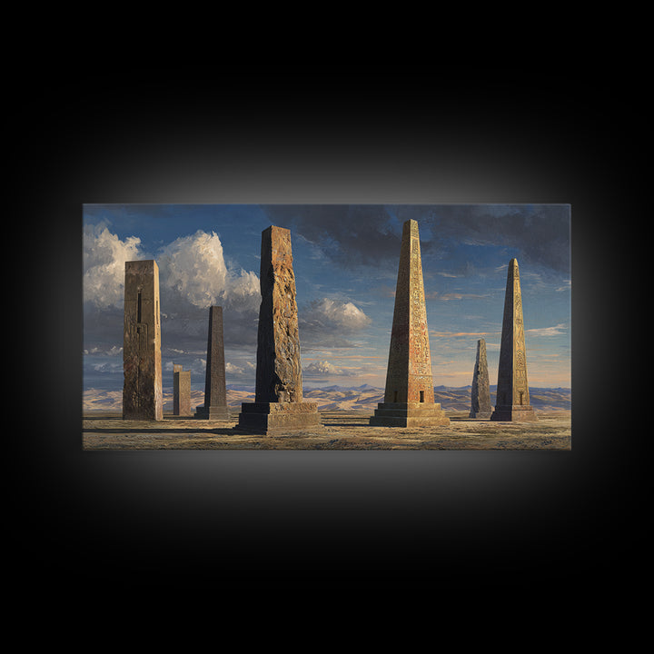 Ancient Carved Desert Obelisks Wall Art, African Egyptian Art Print, Monument Landscape, Earth Tone Home Decor Gift For Living Room