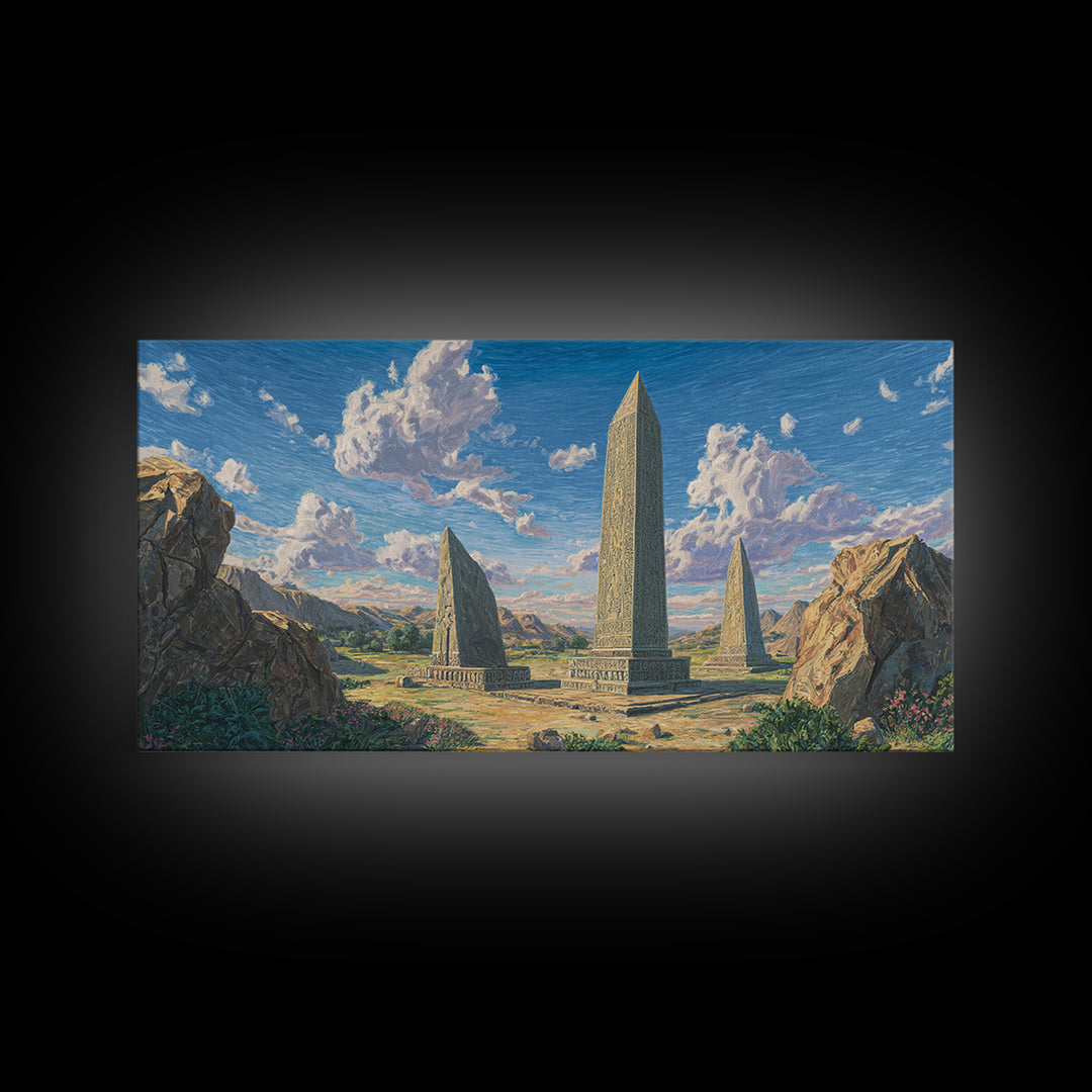 Mountain Valley Stone Obelisks Canvas Print, African Landscape Wall Decor, Ancient African Art, Nature Scene For Living Room
