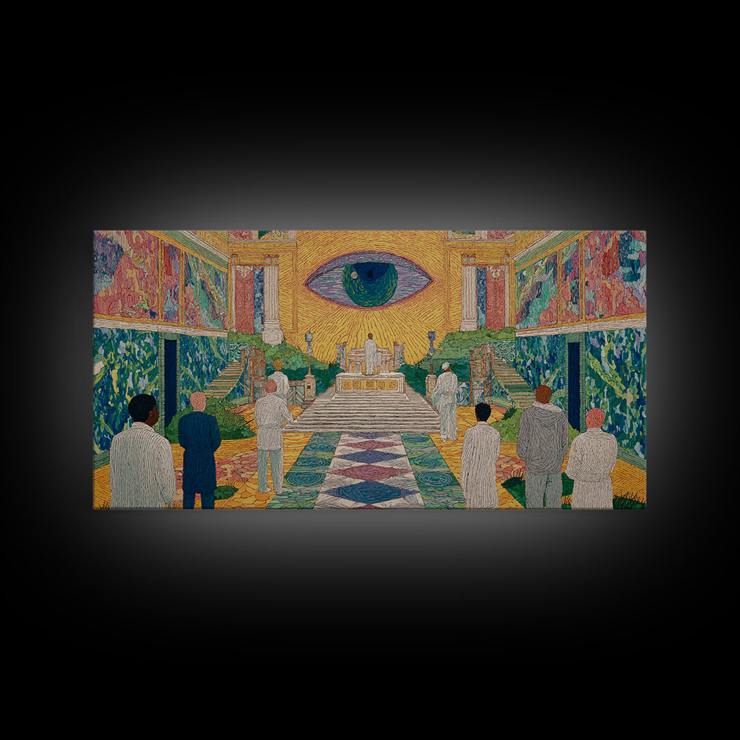 Mystic Eye Temple Ceremony Framed Canvas Print, African Abstract Wall Art, Spiritual Cultural Art Decor, Gallery Statement
