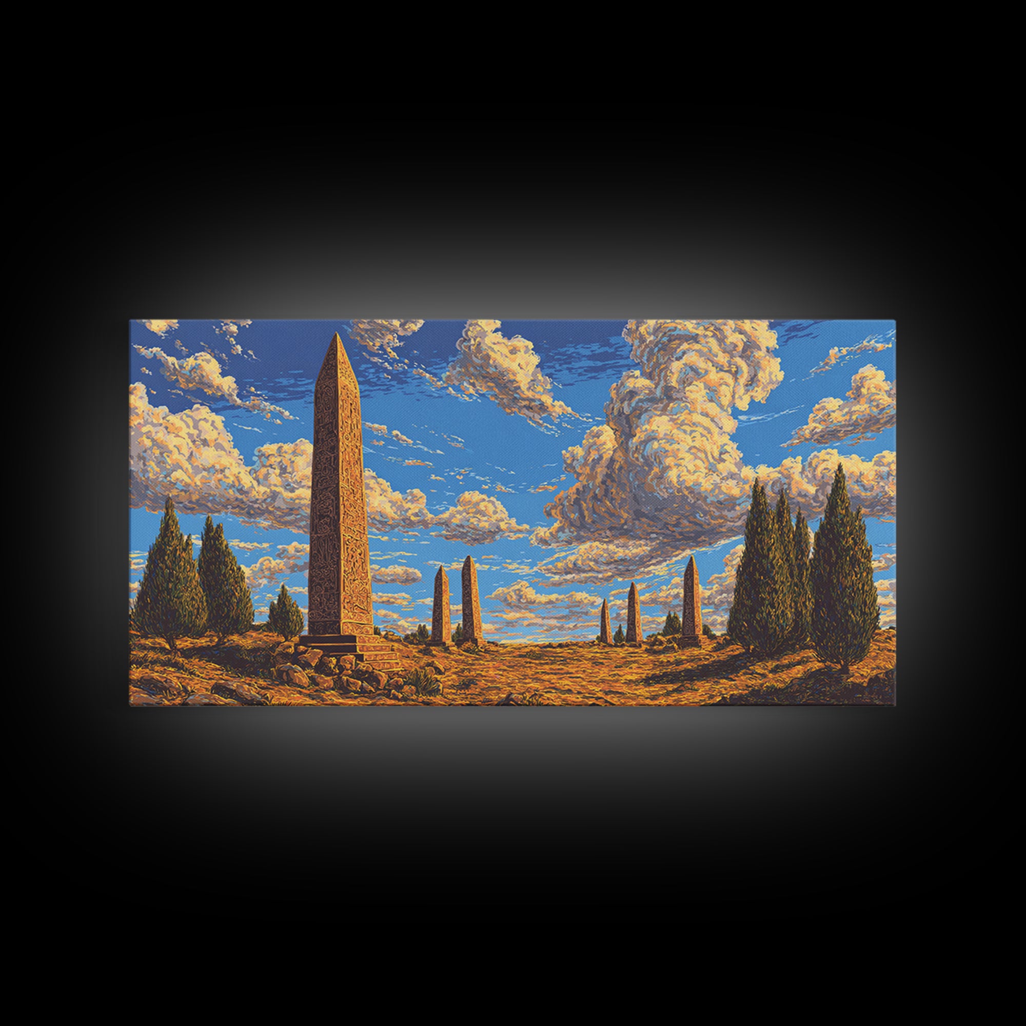 Golden Sky Obelisk Garden Wall Art, African Landscape Print, Ancient Monument Decor, Boho Earth Tone Living Room Artwork