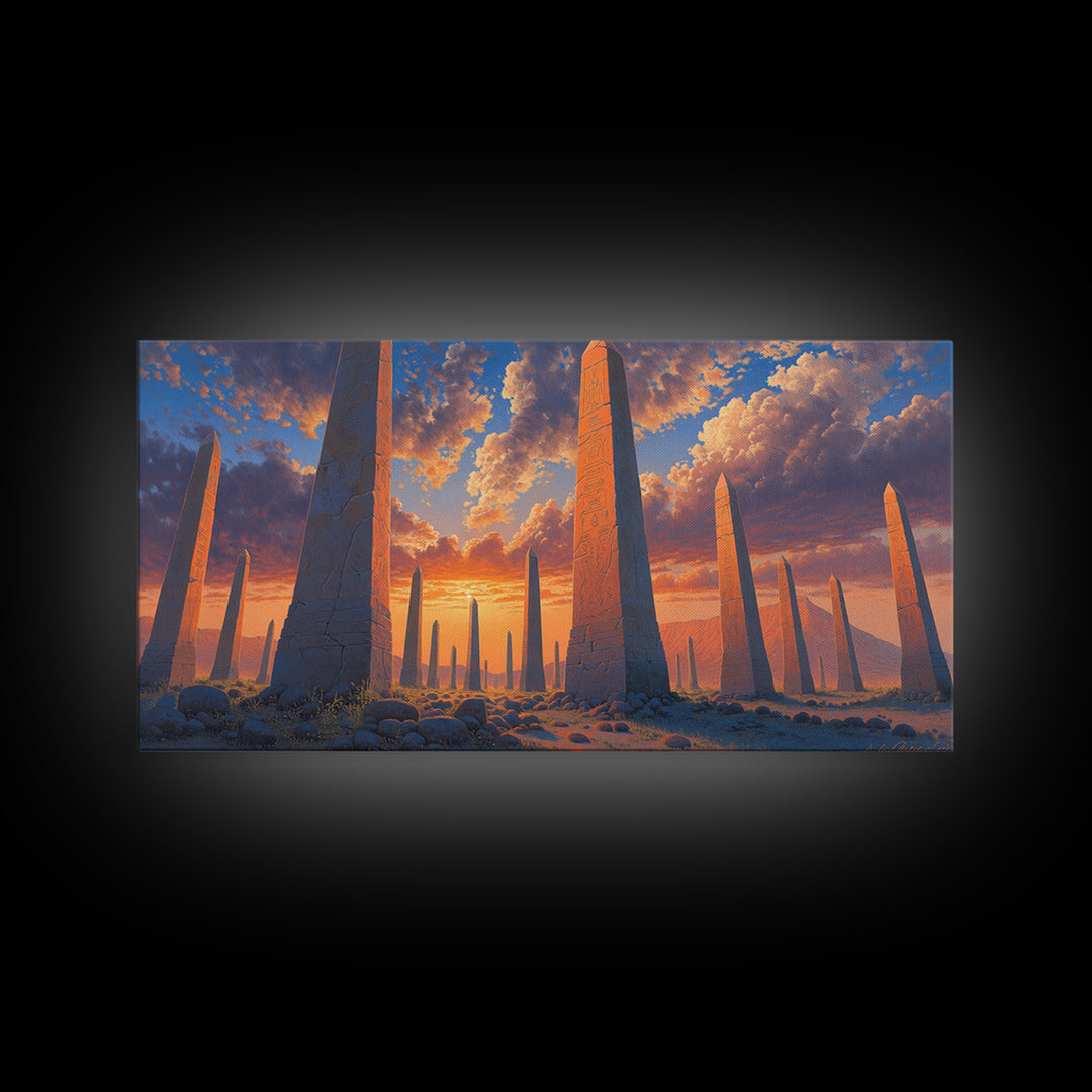 Sunset Obelisk Field Wall Art, African Egyptian Art Print, Ancient Desert Landscape, Warm Orange Statement Home Decor Gift