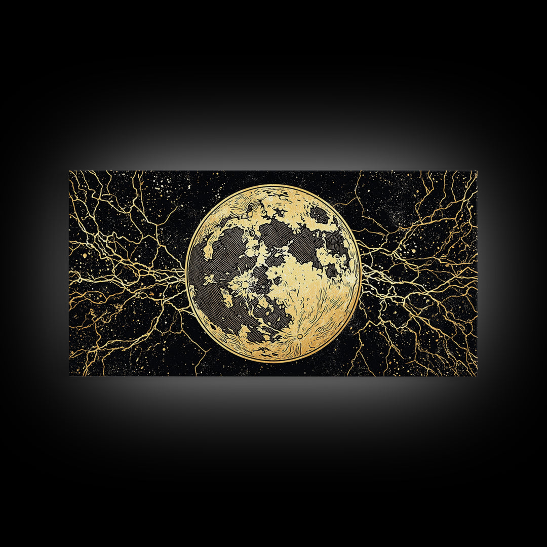 Golden Full Moon Wall Art, Black And Gold Celestial Canvas Print, Mystical Wall Decor, Abstract Night Sky Gift For Bedroom Home