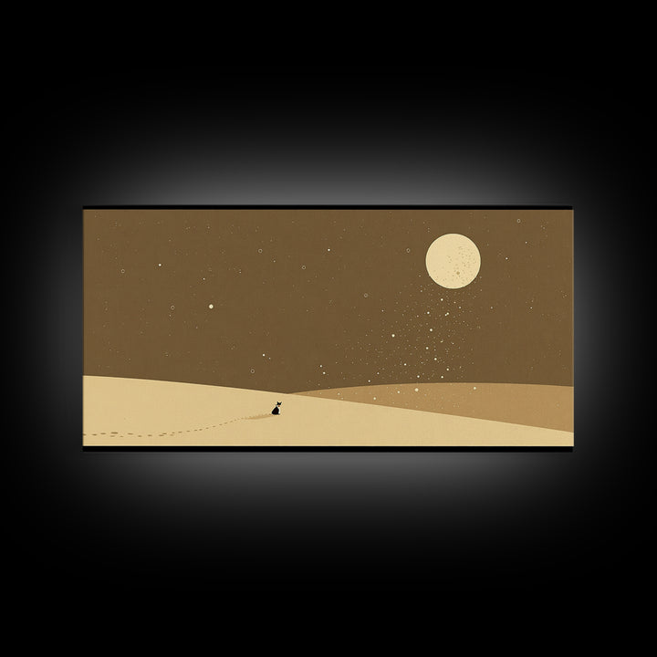 Lone Traveler In Moonlit Sahara Dunes Wall Art, Minimalist African Landscape, Desert Night Canvas, Earth Tone Boho Home Decor