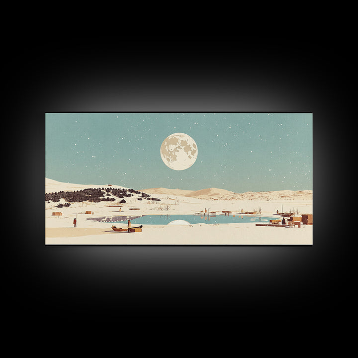 Moonlit Lake Village With Boats Canvas Print, African Landscape Wall Decor, Serene Travel Poster, Blue Bedroom Art Home Decor