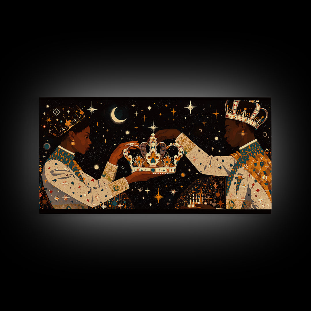 Celestial Black King And Queen Crowning Framed Canvas Print, African American Art, Royal Afrocentric Cultural Wall Decor