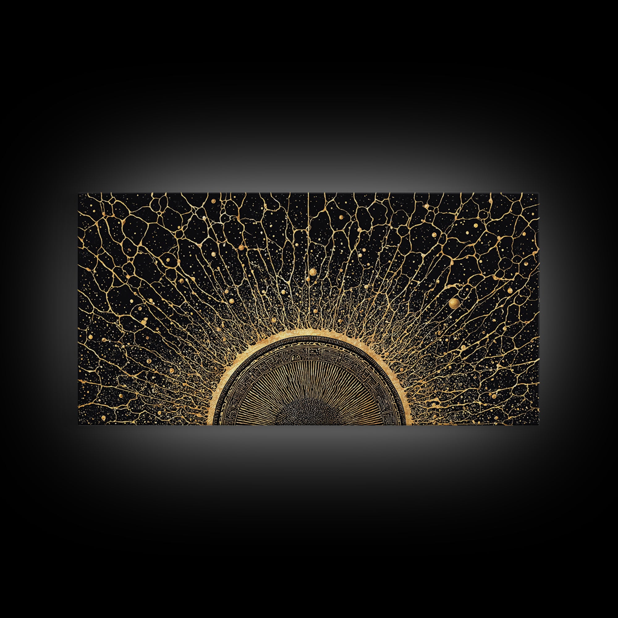 Golden Cosmic Sun Network Abstract Wall Art, Geometric African Inspired Decor, Black And Gold Modern Living Room Canvas Print