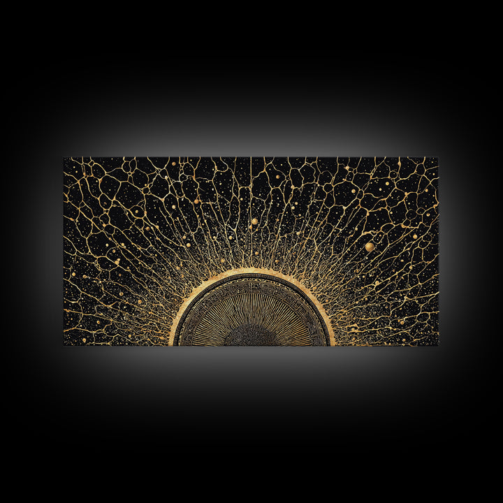 Golden Cosmic Sun Network Abstract Wall Art, Geometric African Inspired Decor, Black And Gold Modern Living Room Canvas Print