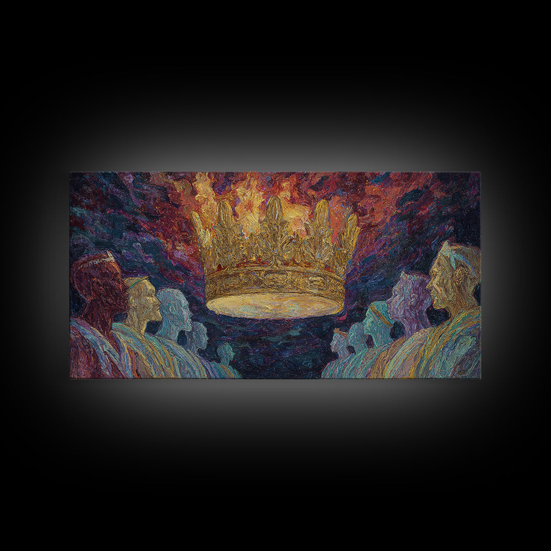 Fiery Floating Crown And Robed Figures Wall Art, African Royalty Painting, Black History Decor, Textured Canvas Print Gift