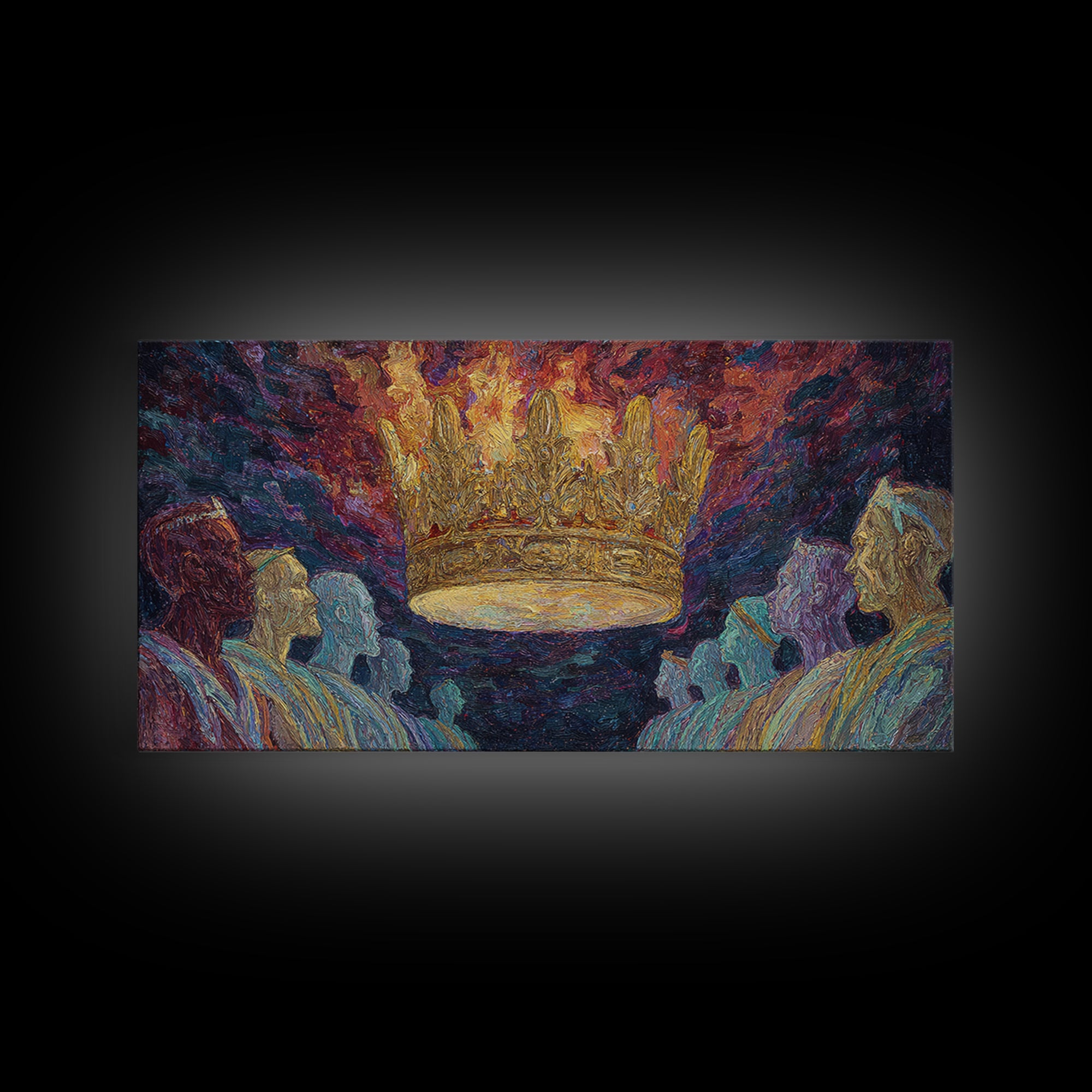 Fiery Floating Crown And Robed Figures Wall Art, African Royalty Painting, Black History Decor, Textured Canvas Print Gift