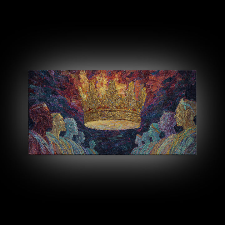Fiery Floating Crown And Robed Figures Wall Art, African Royalty Painting, Black History Decor, Textured Canvas Print Gift