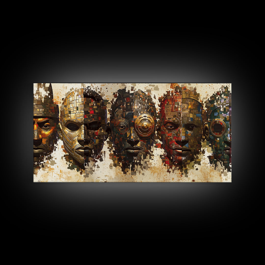 Mosaic African Masks With Metallic Texture Framed Canvas Print, Tribal Wall Decor, Cultural Afrocentric Statement Art Gift