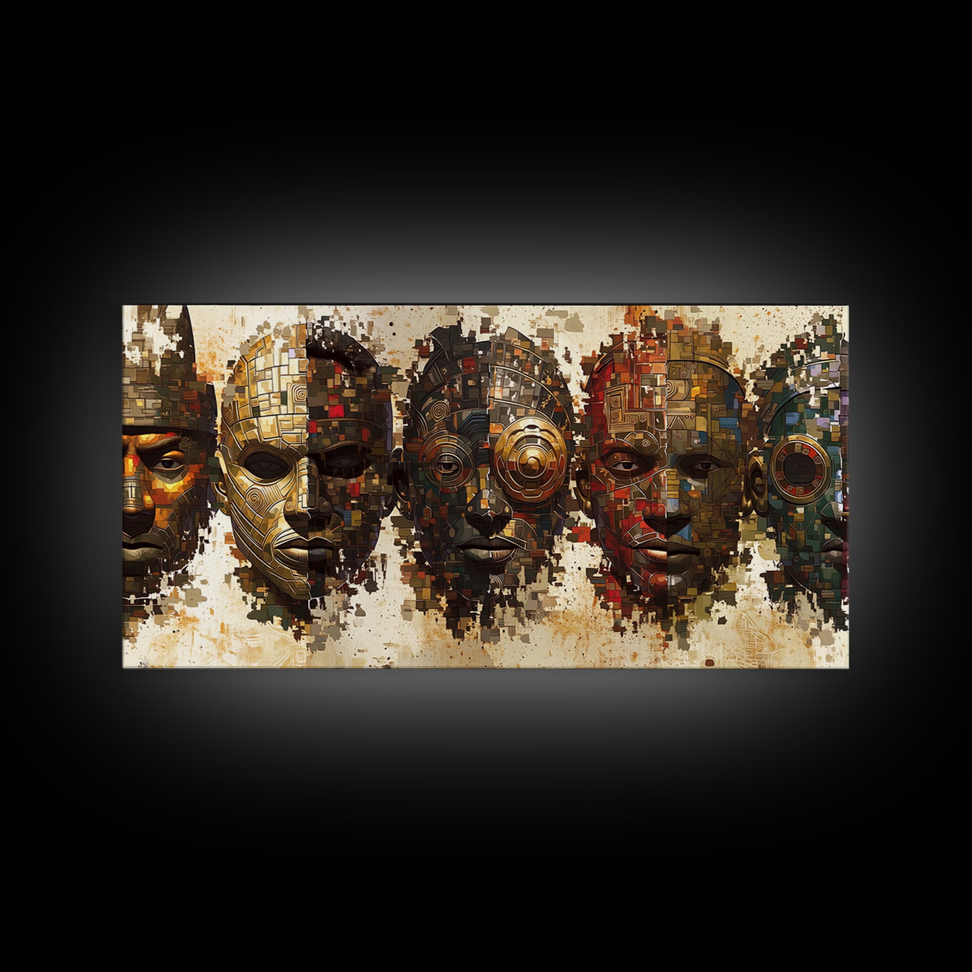 Mosaic African Masks With Metallic Texture Framed Canvas Print, Tribal Wall Decor, Cultural Afrocentric Statement Art Gift