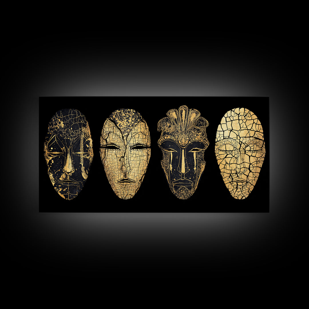 Black And Gold Cracked African Masks Wall Art, Minimalist Tribal Mask Print, Luxe Afrocentric Decor For Modern Home Interior