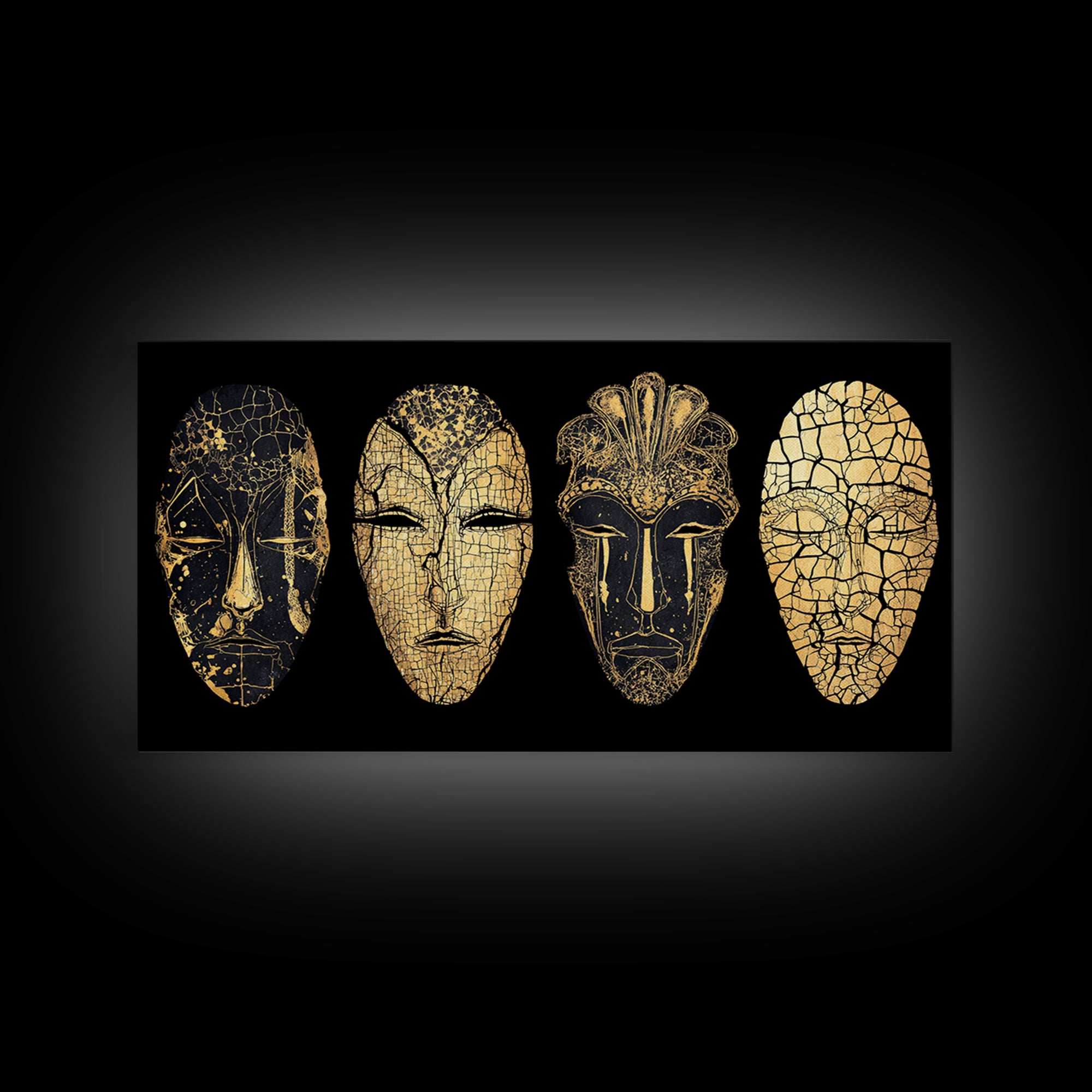 Black And Gold Cracked African Masks Wall Art, Minimalist Tribal Mask Print, Luxe Afrocentric Decor For Modern Home Interior