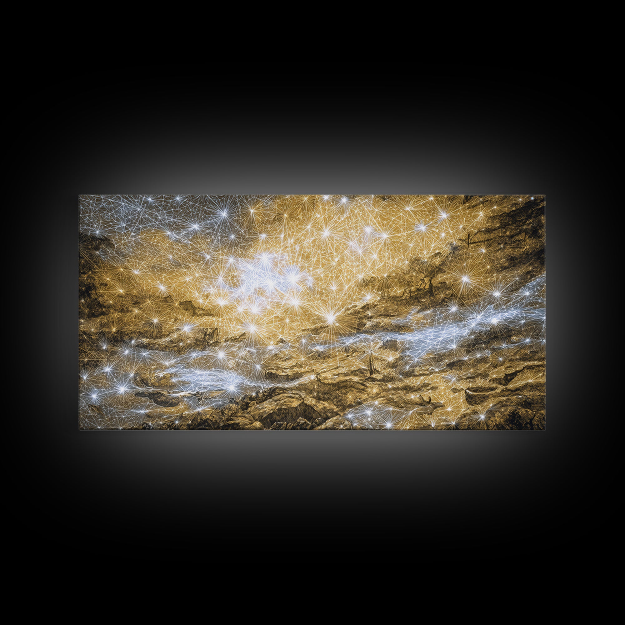 Golden Cosmic River Abstract Wall Art, Textured Modern Canvas Decor, Luxury Blue Gold Landscape For Living Room Statement Piece