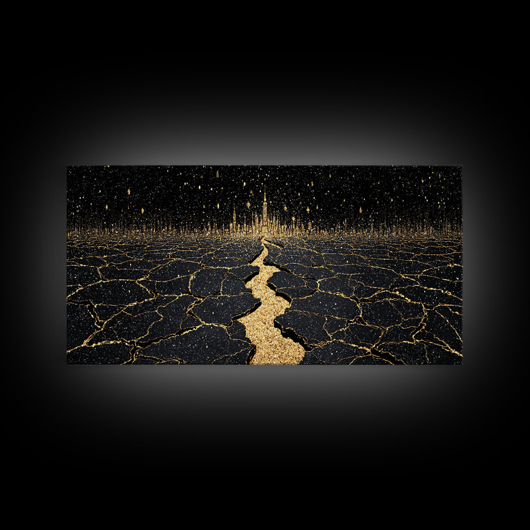 Black Gold Cracked Earth Pathway Canvas Print, Abstract Landscape Wall Decor, Dramatic Modern Art For Office Home Decor Gift