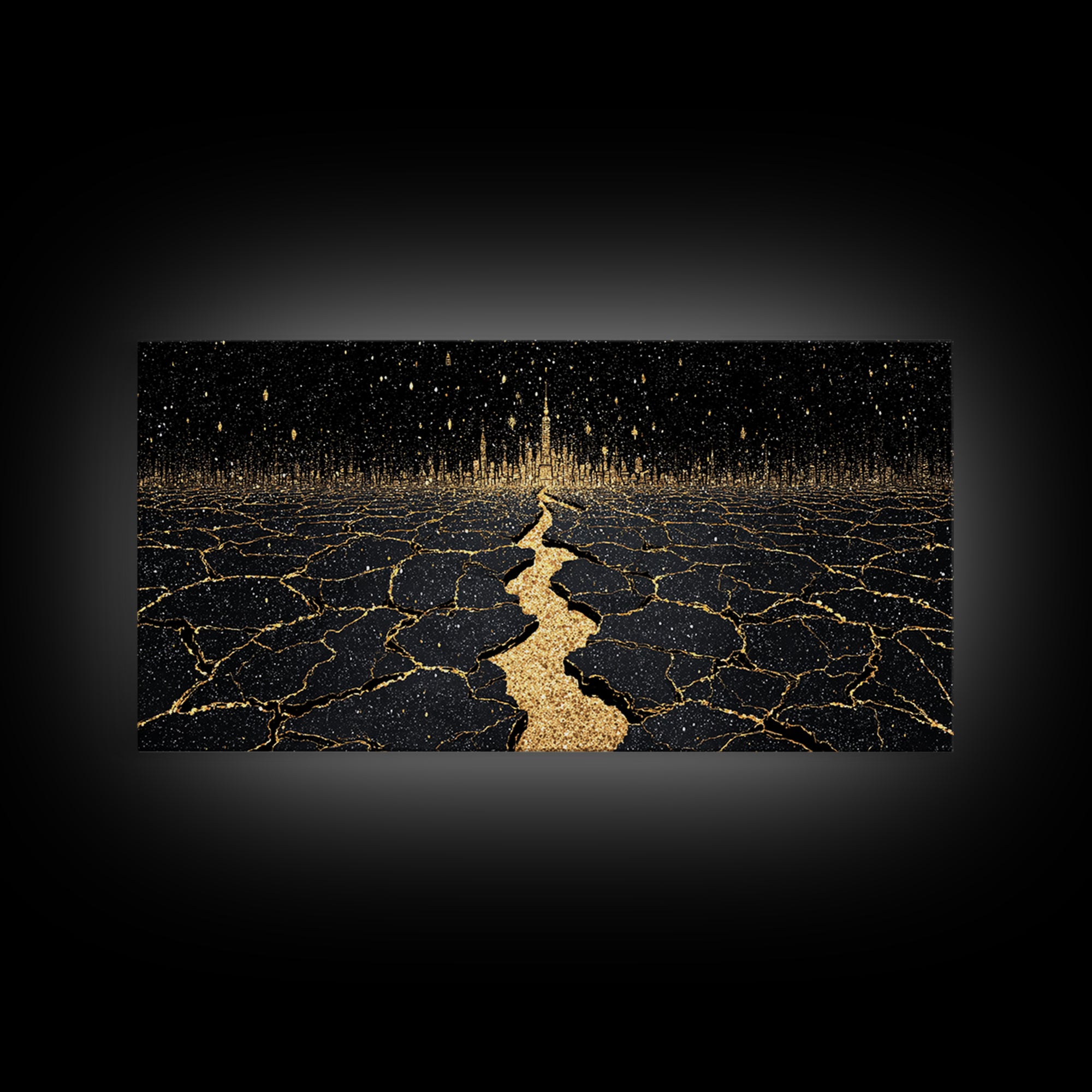 Black Gold Cracked Earth Pathway Canvas Print, Abstract Landscape Wall Decor, Dramatic Modern Art For Office Home Decor Gift