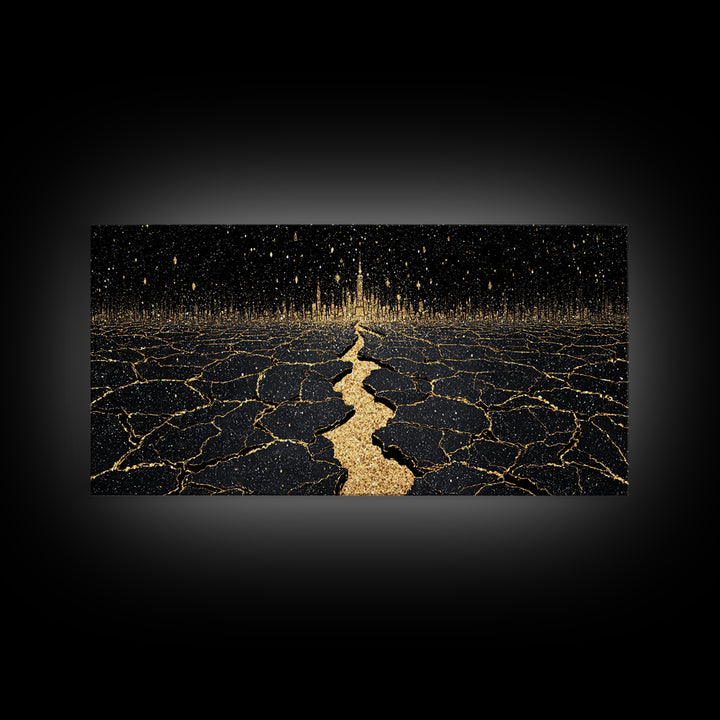 Black Gold Cracked Earth Pathway Canvas Print, Abstract Landscape Wall Decor, Dramatic Modern Art For Office Home Decor Gift