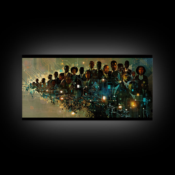 Afrofuturist Black Leaders In Digital City Wall Art, African American Tech Portrait, Futuristic Office Decor Print Canvas Gift